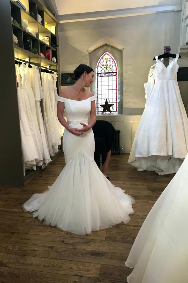 Off Shoulder Satin Mermaid Bridal Dress With Tulle Train Ivory Wedding Dresses,MW346