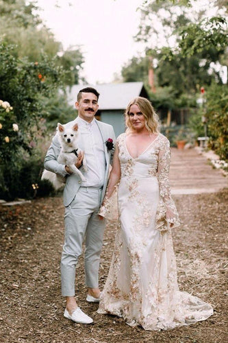 Mermaid Wedding Dress with Chapel Train and Sleeves Embroidery Wedding Gown,MW347