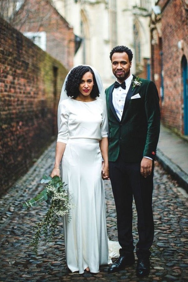 Simple Long Sleeves Style Wedding Gown Ivory Satin Sheath Wedding Dress,MW348