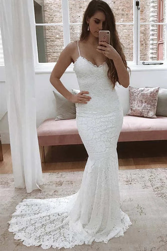 Spaghetti Straps Mermaid All Over Lace Sleeveless White Wedding Dress,MW354