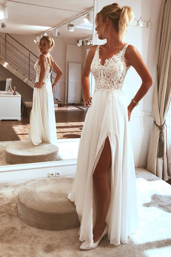 Charming Spaghetti straps Appliques Lace Wedding Dress,Split Chiffon Beach Wedding Dress,MW359