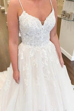 Deep Sweetheart Tulle Wedding Gown with Lace Spaghetti Straps Court Train Wedding Dress,MW361
