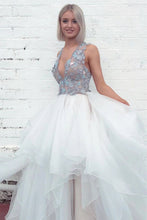 Layered Plunging Neck V-Back Long Wedding Dress with Colored Appliques,MW364