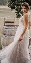 Graceful Ivory Beaded Deep V Illusion A-Line Wedding Gown Lace Wedding Dress,MW365