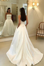 Straps Simple Ivory Satin A-line Pleated Wedding Dresses with Court Train Bridal Dresses,MW368