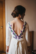 Simple Cornflower A-line Ivory Satin Embroidery Long Sleeves Wedding Dresses,MW373