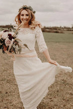 Ivory A-line Lace Bateau Neck 3/4 Sleeves Bridal Dresses Floor-length Wedding Dresses,MW374
