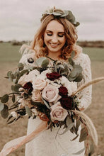 Ivory A-line Lace Bateau Neck 3/4 Sleeves Bridal Dresses Floor-length Wedding Dresses,MW374