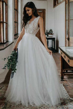 Simple A-ine V-neck Open Back Tulle & Lace Wedding Dresses,Beach Wedding Dresses,MW400