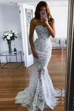 Elegant Lace Mermaid Open Back Beaded Long Wedding Dresses with Appliques,MW403