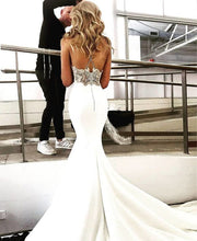 Mermaid V-neck Spaghetti Straps Soft Satin Lace Wedding Dresses,Beach Wedding Dresses,MW404