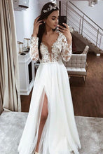 Simple A-line V-neck Open Back Long Sleeves Lace Wedding Dresses with Split,MW410