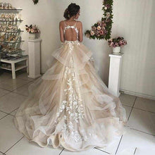 Elegant V-neck Spaghetti Straps Ruffled Tulle Lace Long Wedding Dresses,MW413