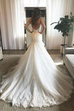 Charming Mermaid V-neck Open Back Spaghetti Straps Lace Wedding Dresses with Train,MW421