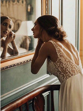 Cheap Tulle A-line V-neck Backless Sweep Train Wedding Dress with Pearls,MW429