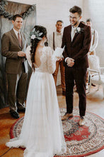 Boho A-Line Round Neck Long Sleeves Backless Wedding Dress with Lace,MW431