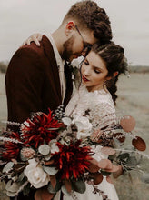 Boho A-Line Round Neck Long Sleeves Backless Wedding Dress with Lace,MW431