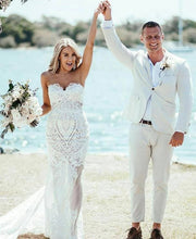 Sweetheart Sheath Lace Appliques Court Train Beach Wedding Dress,MW438