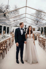 Cap Sleeves Deep V-neck Lace Appliques A-Line Rustic Wedding Dress,MW440