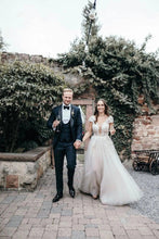 Cap Sleeves Deep V-neck Lace Appliques A-Line Rustic Wedding Dress,MW440