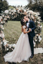 Cap Sleeves Deep V-neck Lace Appliques A-Line Rustic Wedding Dress,MW440