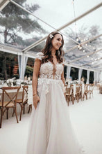 Cap Sleeves Deep V-neck Lace Appliques A-Line Rustic Wedding Dress,MW440