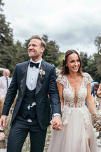 Cap Sleeves Deep V-neck Lace Appliques A-Line Rustic Wedding Dress,MW440