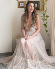 Embroidery A-Line Appliques V-neck Bohemain Tulle Wedding Dress,MW441