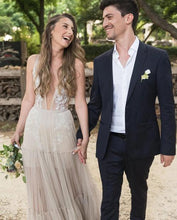 Embroidery A-Line Appliques V-neck Bohemain Tulle Wedding Dress,MW441