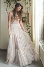 Embroidery A-Line Appliques V-neck Bohemain Tulle Wedding Dress,MW441