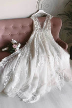 White Tulle V-neck Sleeveless Open Back Long Lace Flower Wedding Dresses,MW462