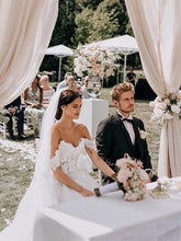 Tulle Off the shoulder A-line Sweep Train Wedding Dresses With Appliques,MW469