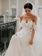 Tulle Off the shoulder A-line Sweep Train Wedding Dresses With Appliques,MW469