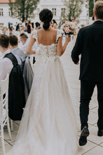 Tulle Off the shoulder A-line Sweep Train Wedding Dresses With Appliques,MW469