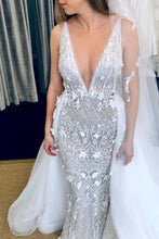 Deep V-Neck Luxury Beaded Mermaid Wedding Dress with Detachable Train,MW470