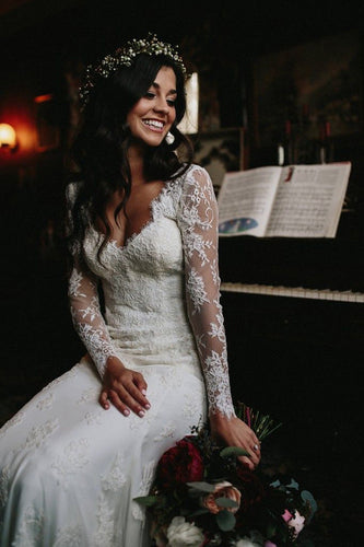 Gorgeous Mermaid V-neck Open Back Lace Long Sleeves Wedding Dresses with Train,MW472