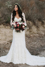 Gorgeous Mermaid V-neck Open Back Lace Long Sleeves Wedding Dresses with Train,MW472