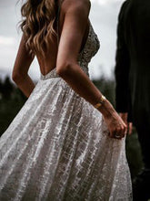 Sparkly Ball Gown V-neck Spaghetti Straps Open Back Sequins Long Wedding Dresses with Train,MW477