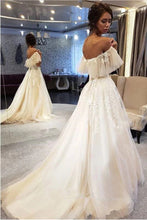 Elegant A-line Off the Shoulder Lace Wedding Dresses,Ruffled Sleeves Wedding Dresses,MW479