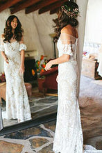 Sheath Off the Shoulder White Lace Long Wedding Dresses,Half Sleeves Wedding Dresses,MW480