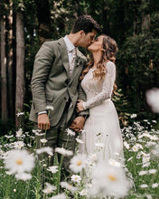 Elegant Scoop Long Sleeve Chiffon Wedding Dresses with Lace Backless Ivory Bridal Dresses,MW482