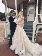 Tulle A-line V-neck Long Sleeve Lace Wedding Dresses with Train Prom Dress MW483