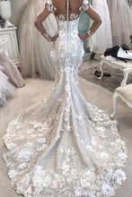 Mermaid Detachable Train Long Sleeves Scoop Wedding Dresses With Applique,MW484