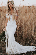 Rustic Mermaid Lace Ivory Wedding Dresses Illusion Neckline Beach Wedding Dress,MW488