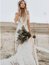 Rustic Mermaid Lace Ivory Wedding Dresses Illusion Neckline Beach Wedding Dress,MW488