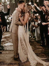 Sweetheart White Chiffon Spaghetti Strap Lace Beach Wedding Dresses,MW498