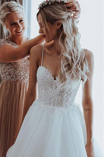 Unique A-line Tulle Spaghetti Straps Backless Wedding Dresses Online, MW499