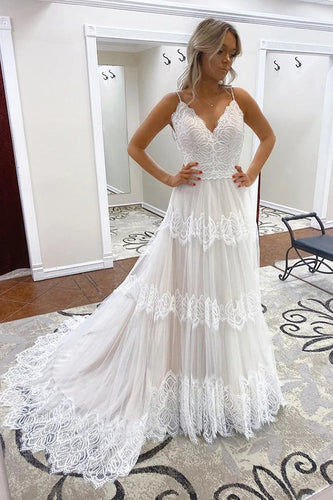 Cheap A-line Spaghetti Straps Lace Bridal Gonws Rustic Wedding Dress,MW501