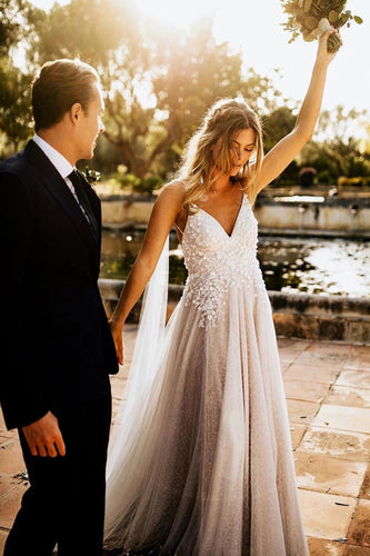 Tulle Open Back Spaghetti Straps Wedding Dresses Romantic Bridal Dresses,MW502