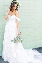 A-line Off-the-shoulder Applique Court Train Rustic Wedding Dress,MW506